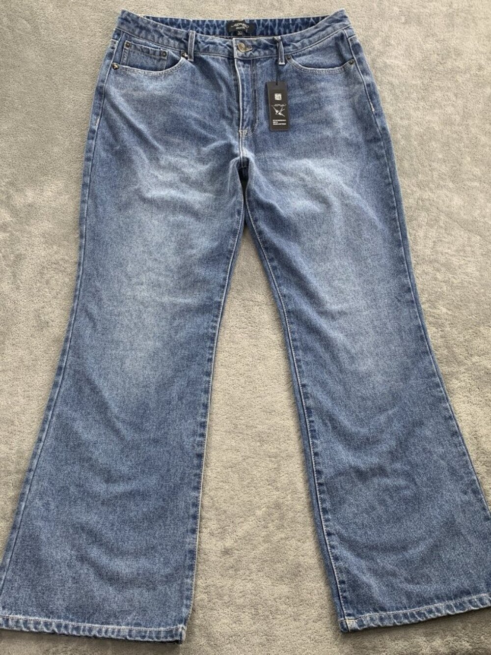 Ed Hardy Baggy Jeans Womens 32x31” Blue Multi Tattoo Painted Logo Koi Tiger Y2K - Picture 2 of 12